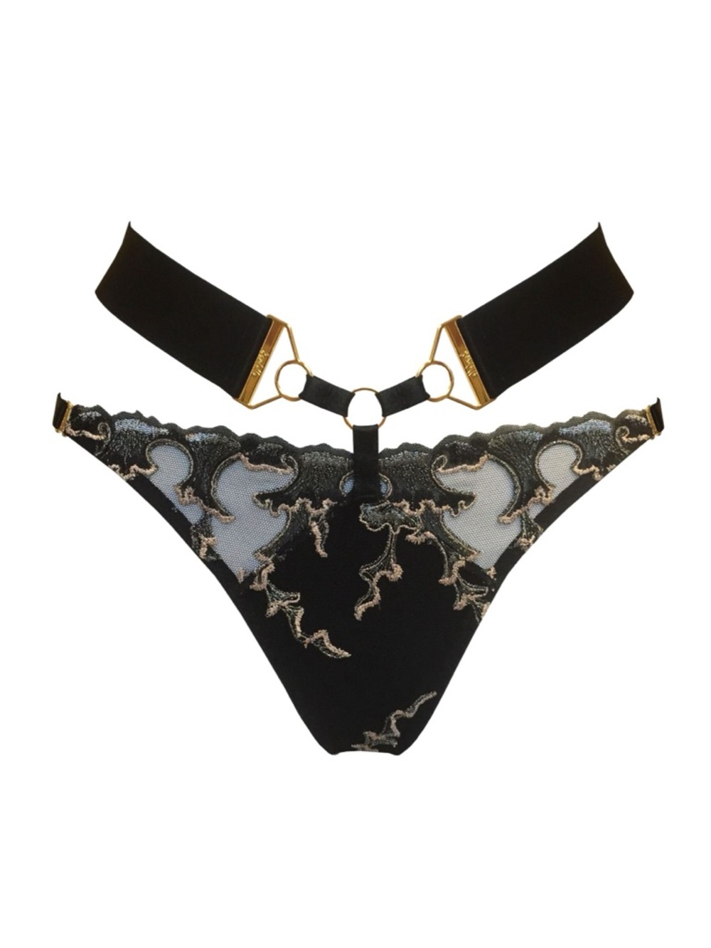 NWT BORDELLE Aurea Black Lace Embroidered Strap Thong with Gold Hardware